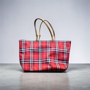 💯 Authentic Burberry Red Plaid Tote with Tan Leather Handles